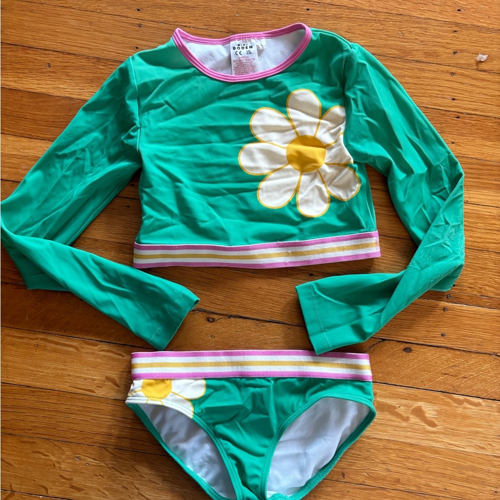 Mini Boden Green Daisy Long-Sleeve Two-Piece Swim - Size 7-8